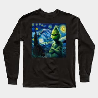 Whimsical Night: Mischievous Green Character - Starry Night Inspired Holiday Art Long Sleeve T-Shirt